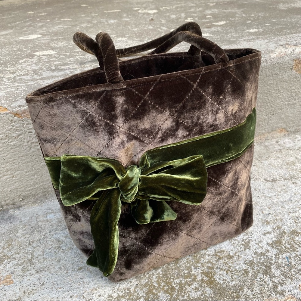 Brown Quilted Velvet Hand Bag with Bow